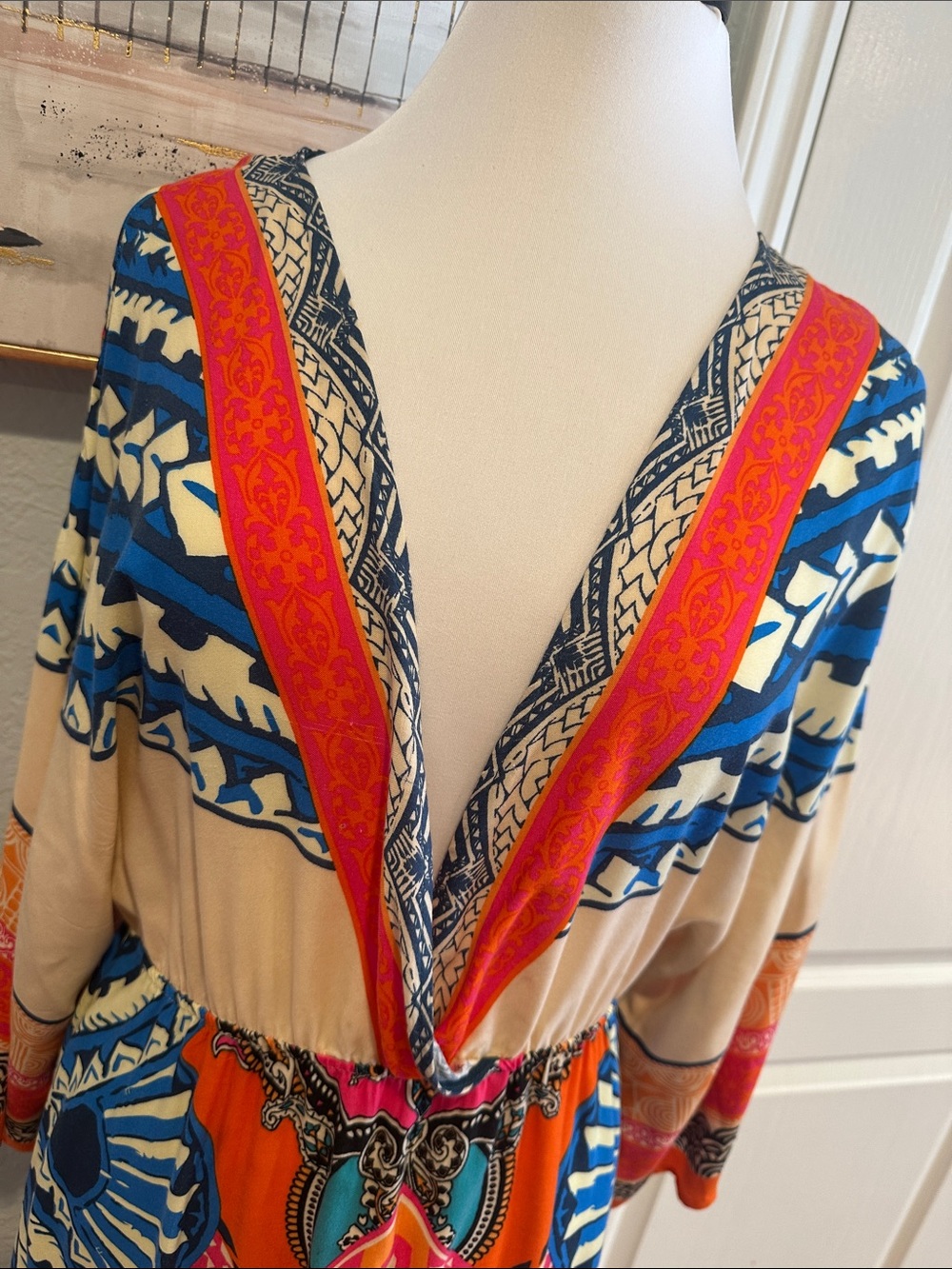 Flying Tomato Sz Large Bold Printed V-Neck Maxi Dress in Blue, Orange, Cream - Picture 2 of 10